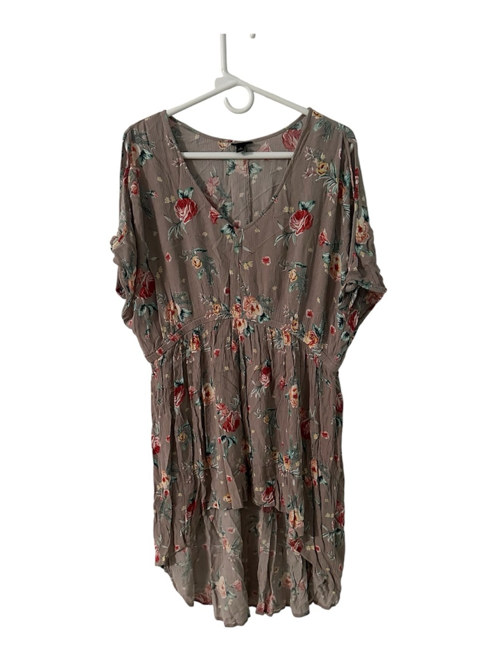 Torrid Taupe Floral High Low V-Neck Short Sleeve Babydoll Tunic Top Size 2
